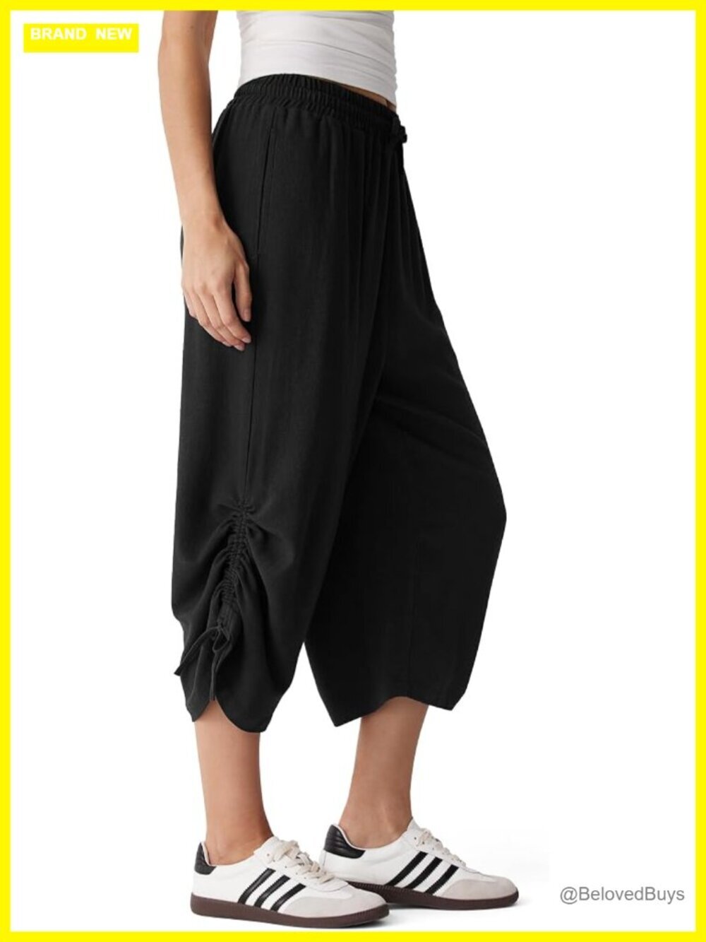 Women Linen Capri Pants Wide Leg Cropped Pants with Pockets